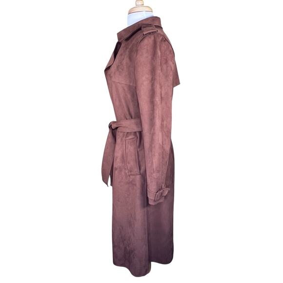 Magaschoni Women’s Chocolate Brown Faux Suede Belted Wrap Coat Size S EUC - Picture 12 of 15